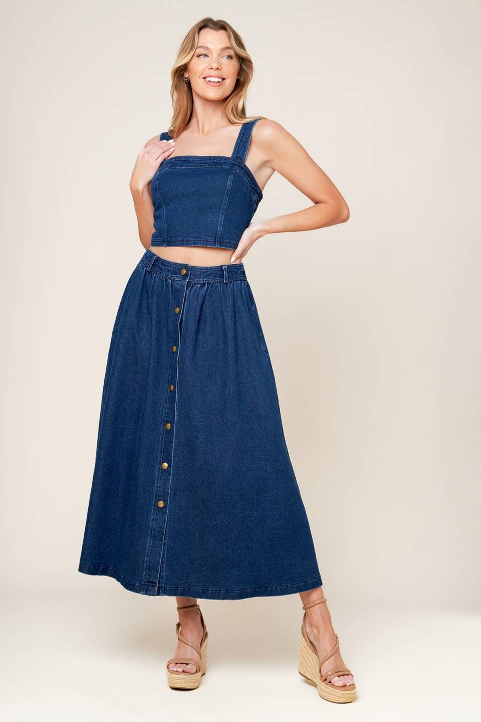 Simply the Vibe Denim Top and Skirt Set in medium indigo, view 2 — Soul Flow Apparel
