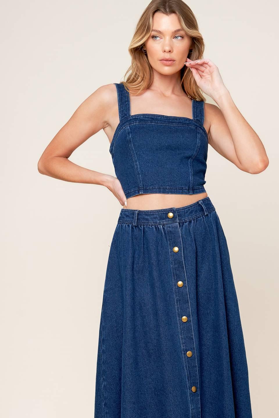 Simply the Vibe Denim Top and Skirt Set in medium indigo, view 3 — Soul Flow Apparel