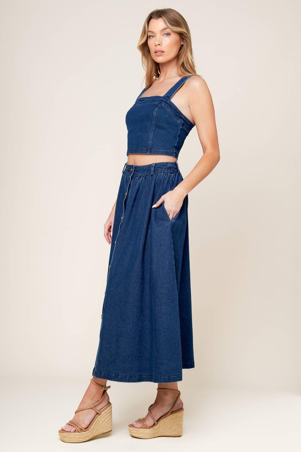 Simply the Vibe Denim Top and Skirt Set in medium indigo, view 4 — Soul Flow Apparel