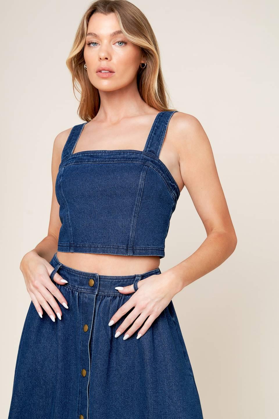 Simply the Vibe Denim Top and Skirt Set in medium indigo, view 6 — Soul Flow Apparel