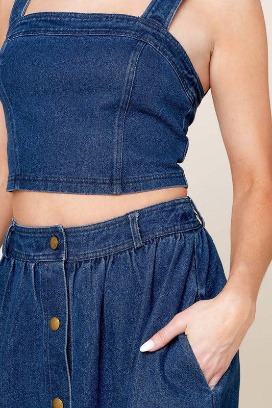Simply the Vibe Denim Top and Skirt Set in medium indigo, view 7 — Soul Flow Apparel