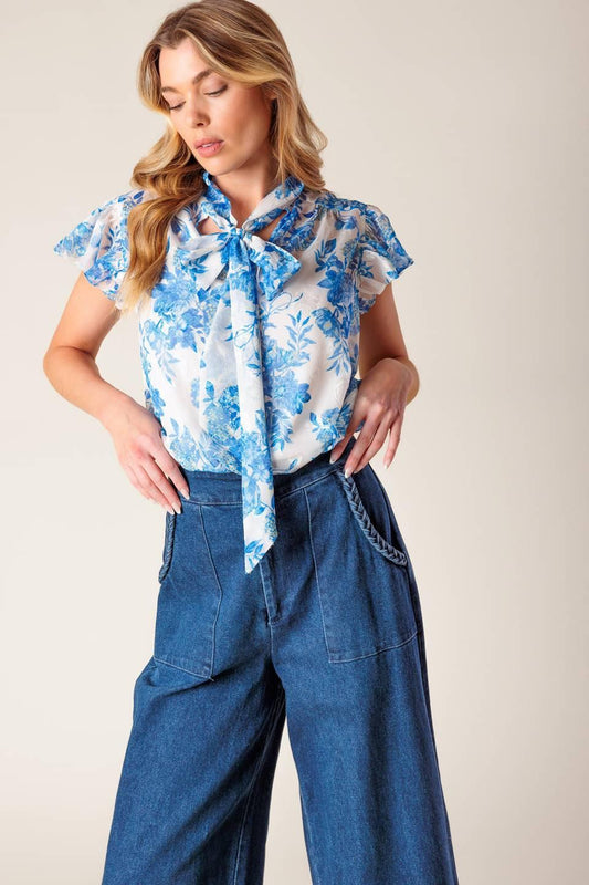Beauty Icon Woven Top in ivory blue, view 1 — Soul Flow Apparel