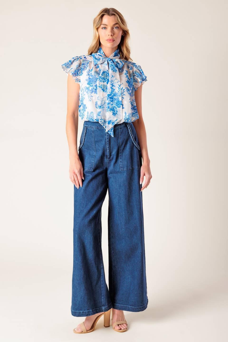 Beauty Icon Woven Top in ivory blue, view 2 — Soul Flow Apparel