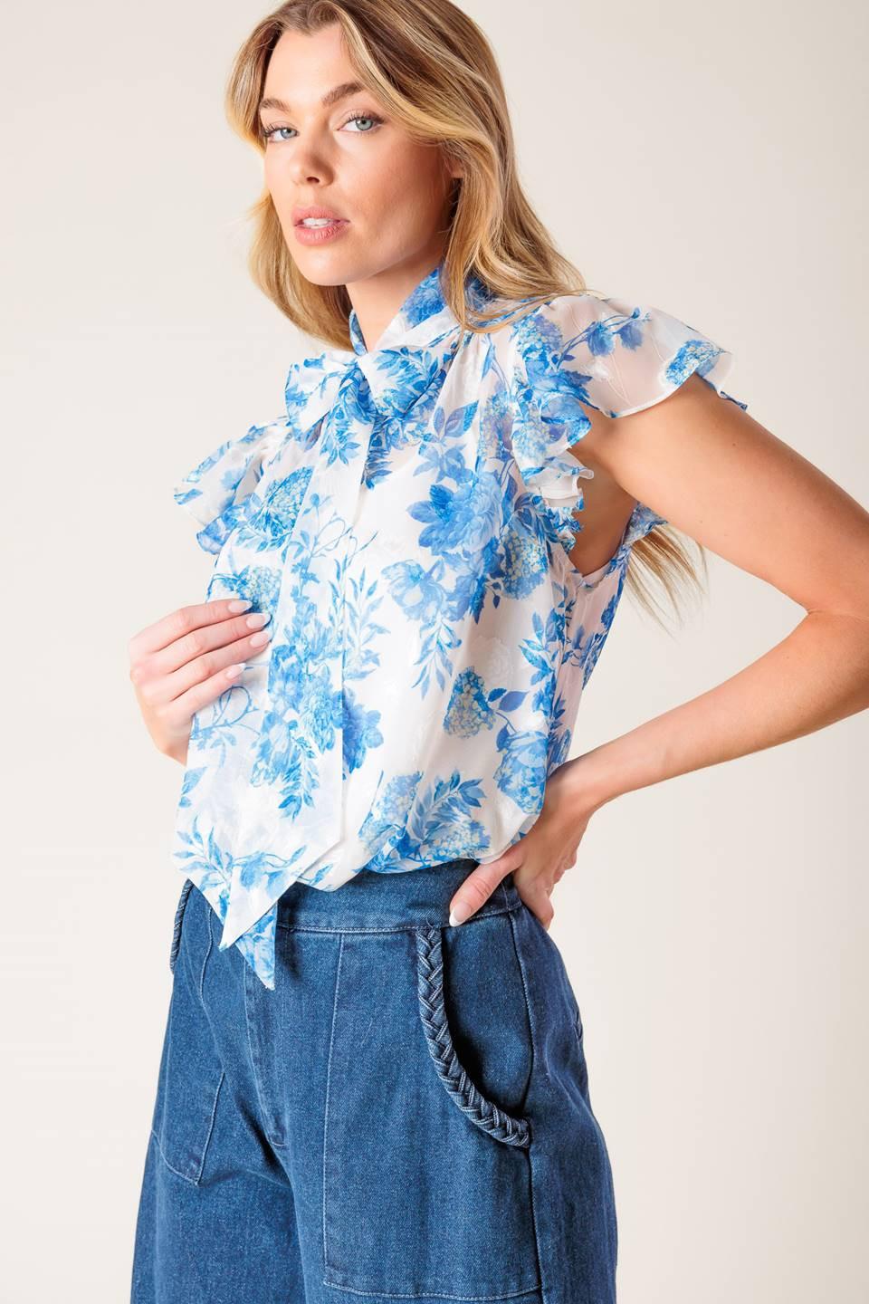 Beauty Icon Woven Top in ivory blue, view 3 — Soul Flow Apparel