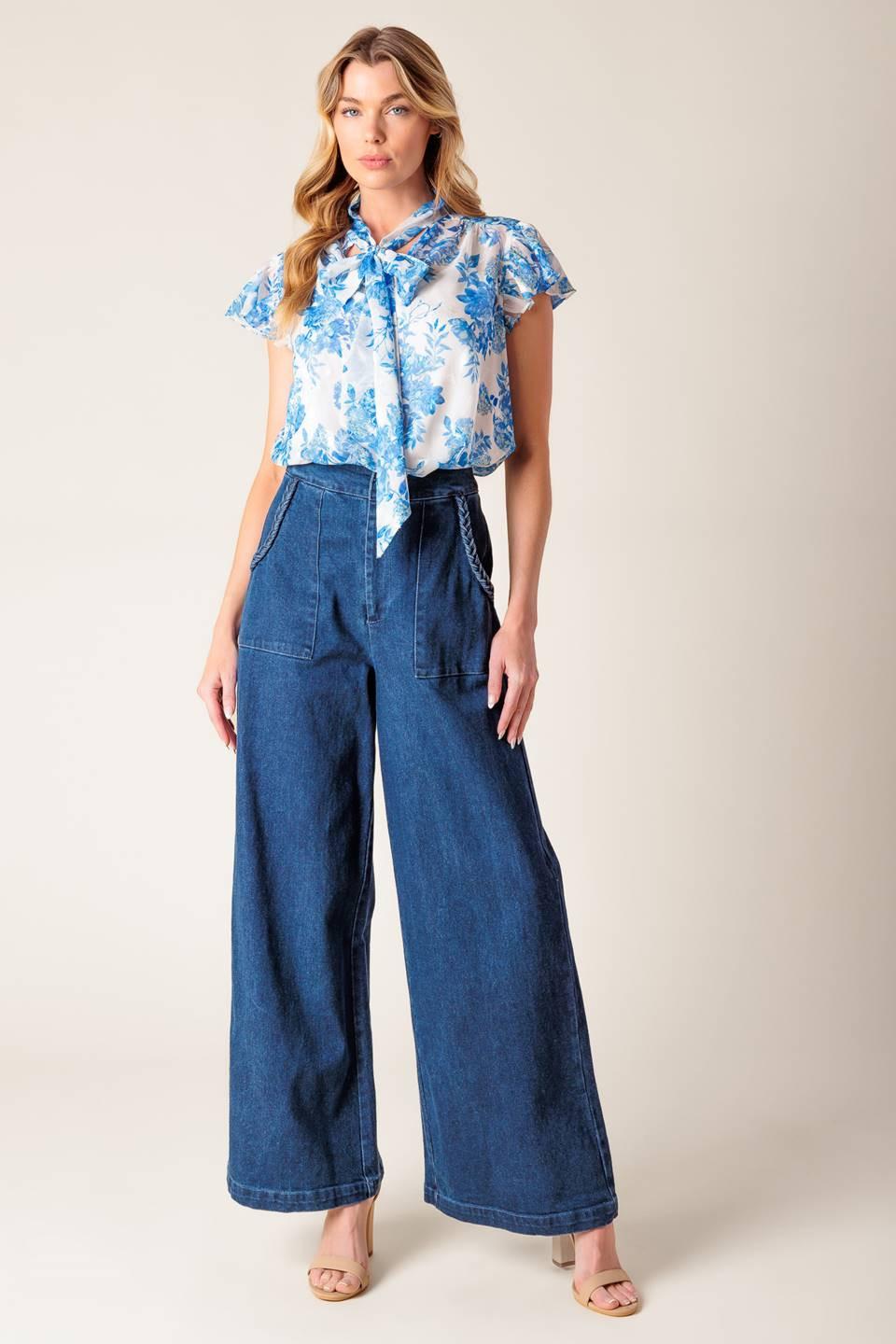 Beauty Icon Woven Top in ivory blue, view 5 — Soul Flow Apparel