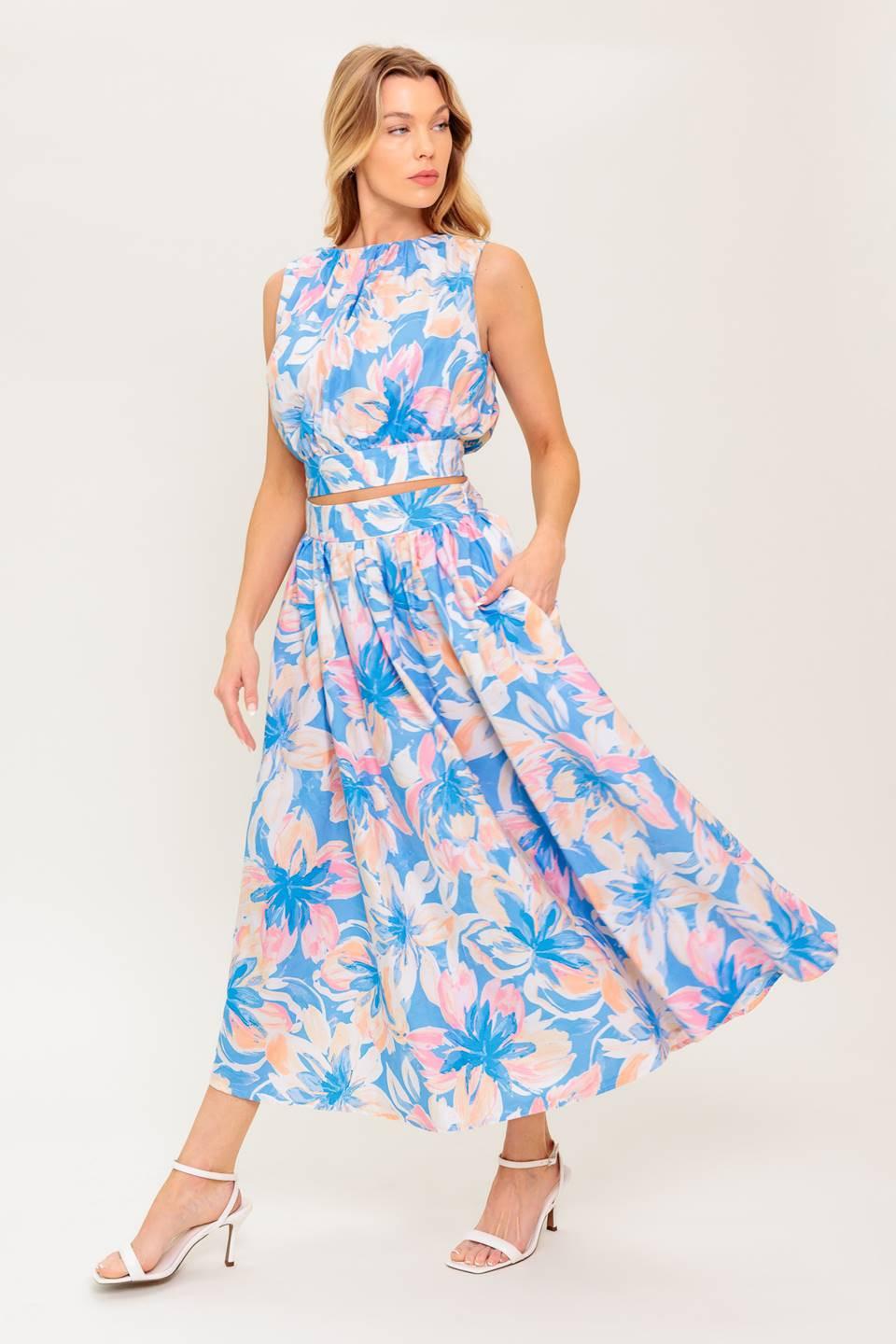 Golden Hour Harmony Woven Top and Skirt Set in powder blue, view 1 — Soul Flow Apparel