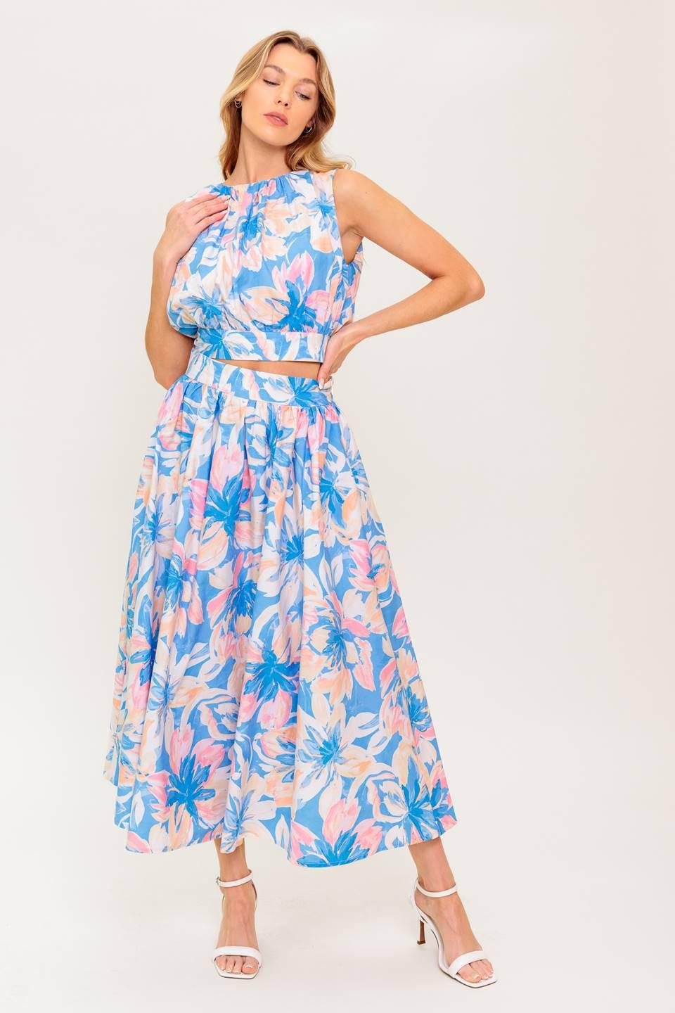 Golden Hour Harmony Woven Top and Skirt Set in powder blue, view 5 — Soul Flow Apparel