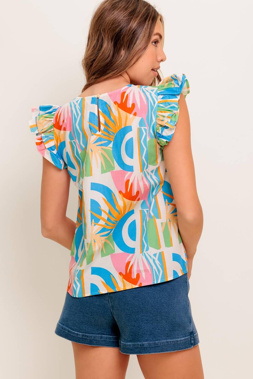 Vacation State of Mind Woven Top in off-white blue, view 3 — Soul Flow Apparel