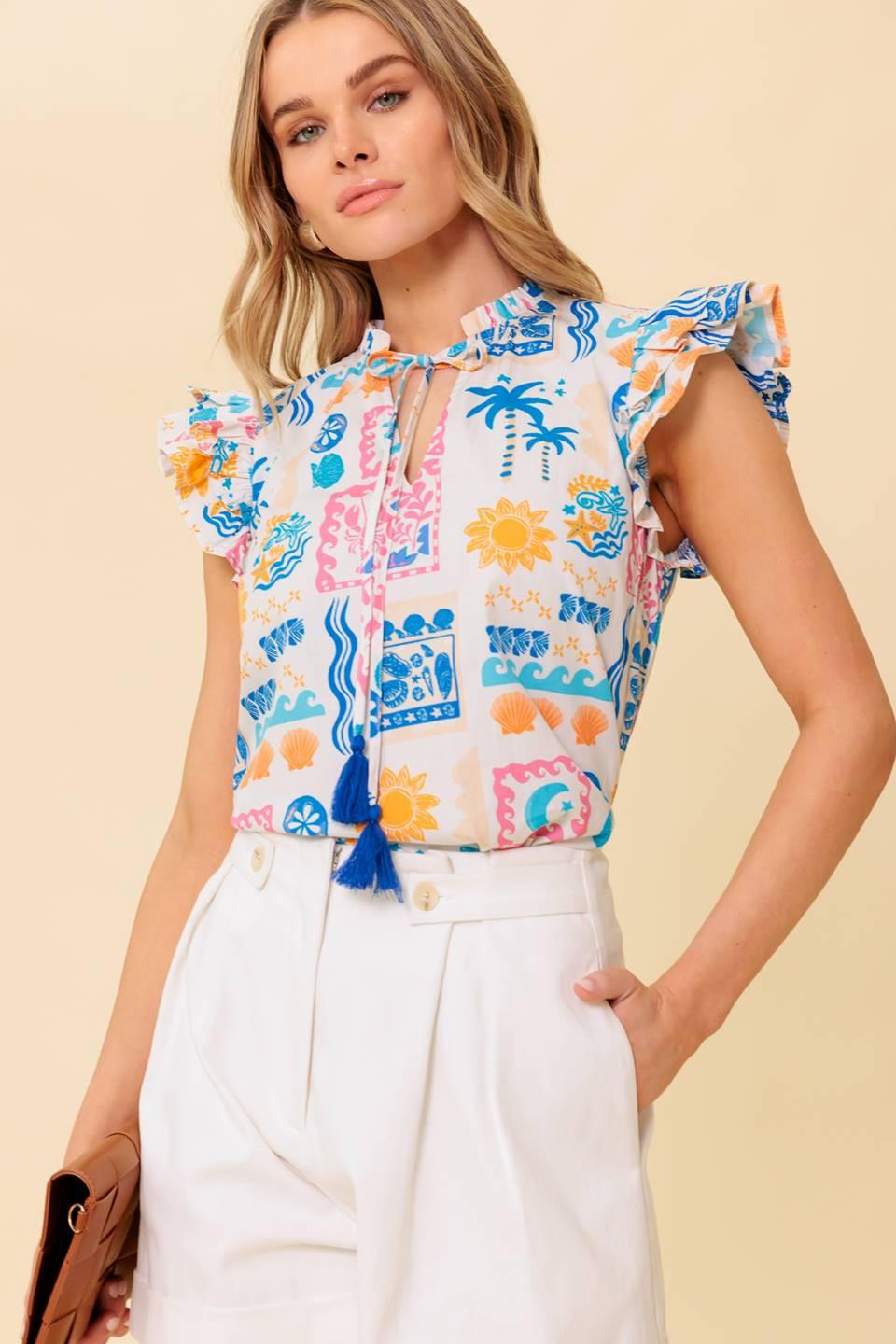 Ventura Vision Woven Top in ivory blue, view 4 — Soul Flow Apparel