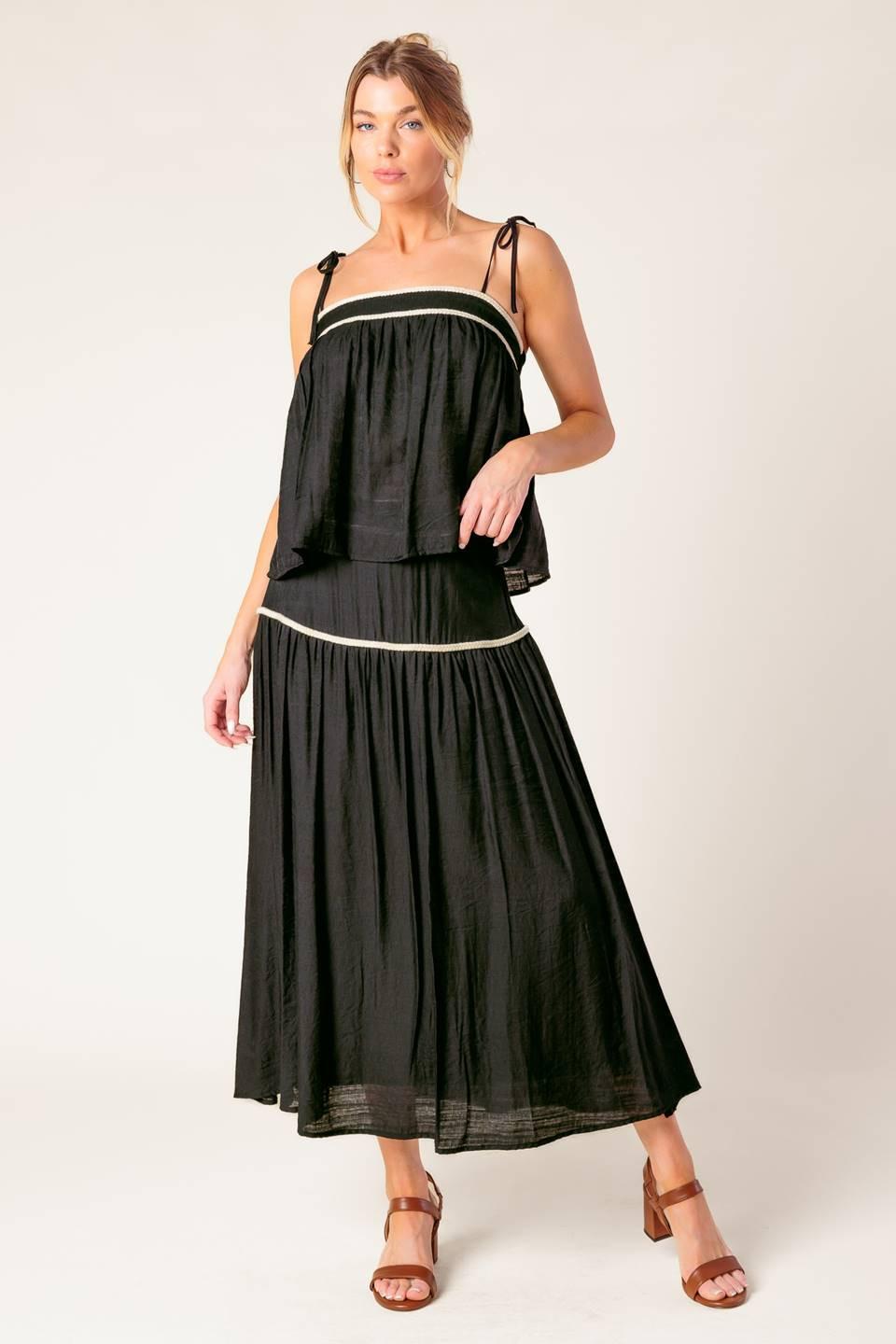 Divide and Contour Woven Top and Skirt Set in black cream, view 1 — Soul Flow Apparel
