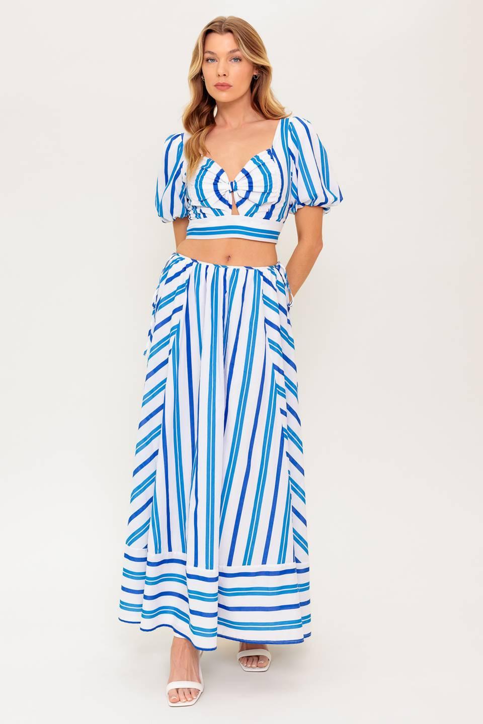 Garden Whispers Woven Top and Skirt Set in white blue, view 1 — Soul Flow Apparel