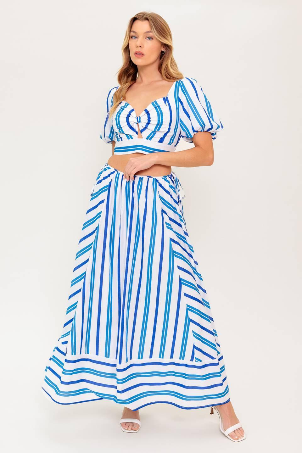 Garden Whispers Woven Top and Skirt Set in white blue, view 2 — Soul Flow Apparel