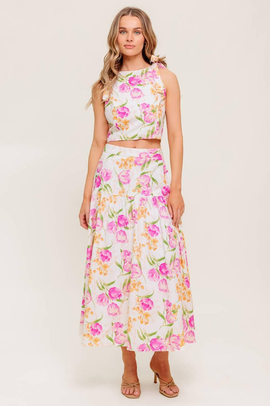 Botanical Bliss Woven Top and Skirt Set in ivory pink, view 3 — Soul Flow Apparel