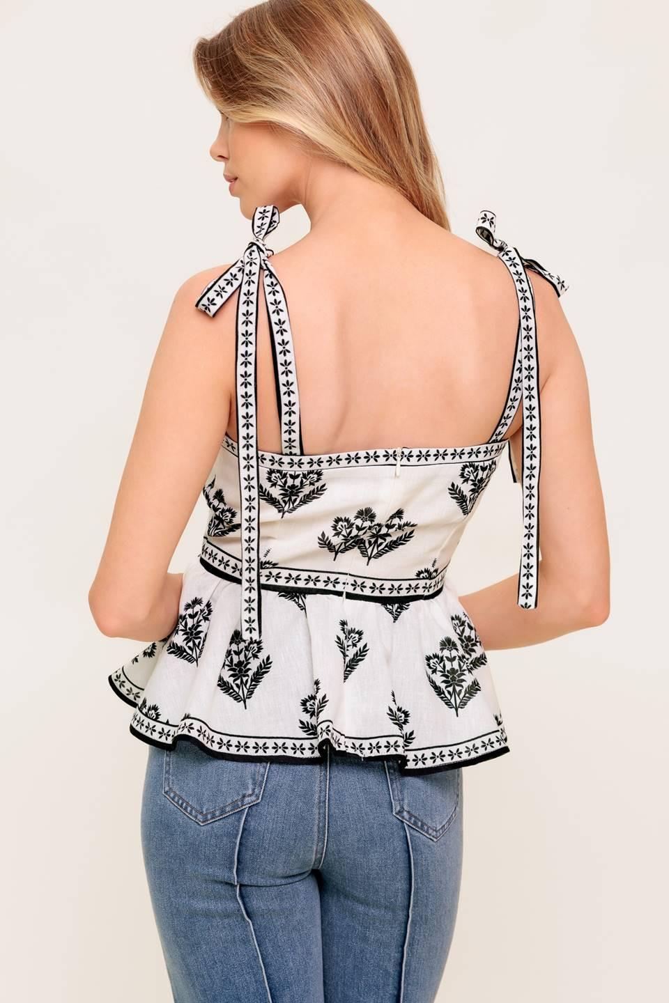 Serene Kiss Woven Top in ivory black, view 1 — Soul Flow Apparel