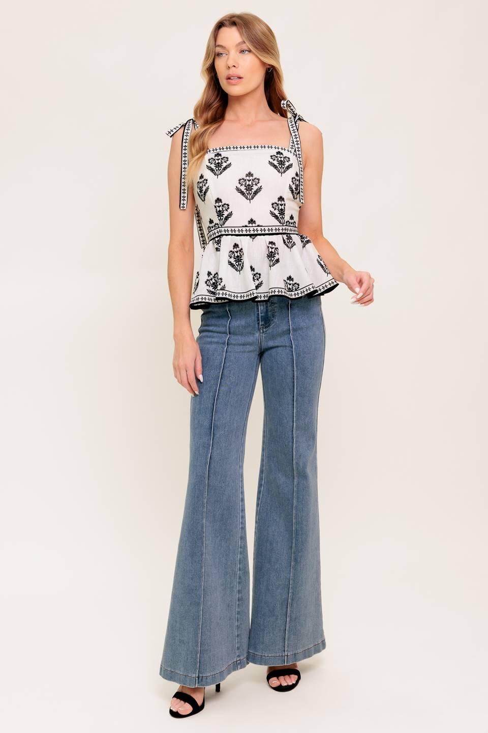 Serene Kiss Woven Top in ivory black, view 2 — Soul Flow Apparel