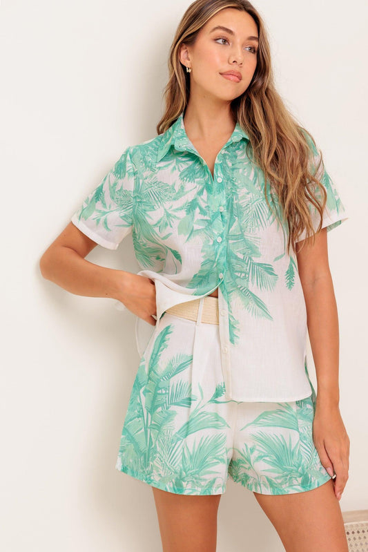 Garden Light Woven Top and Short Set in ivory sage, view 1 — Soul Flow Apparel