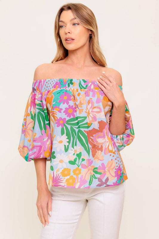Precious Moment Woven Top in dusty blue orange, view 1 — Soul Flow Apparel