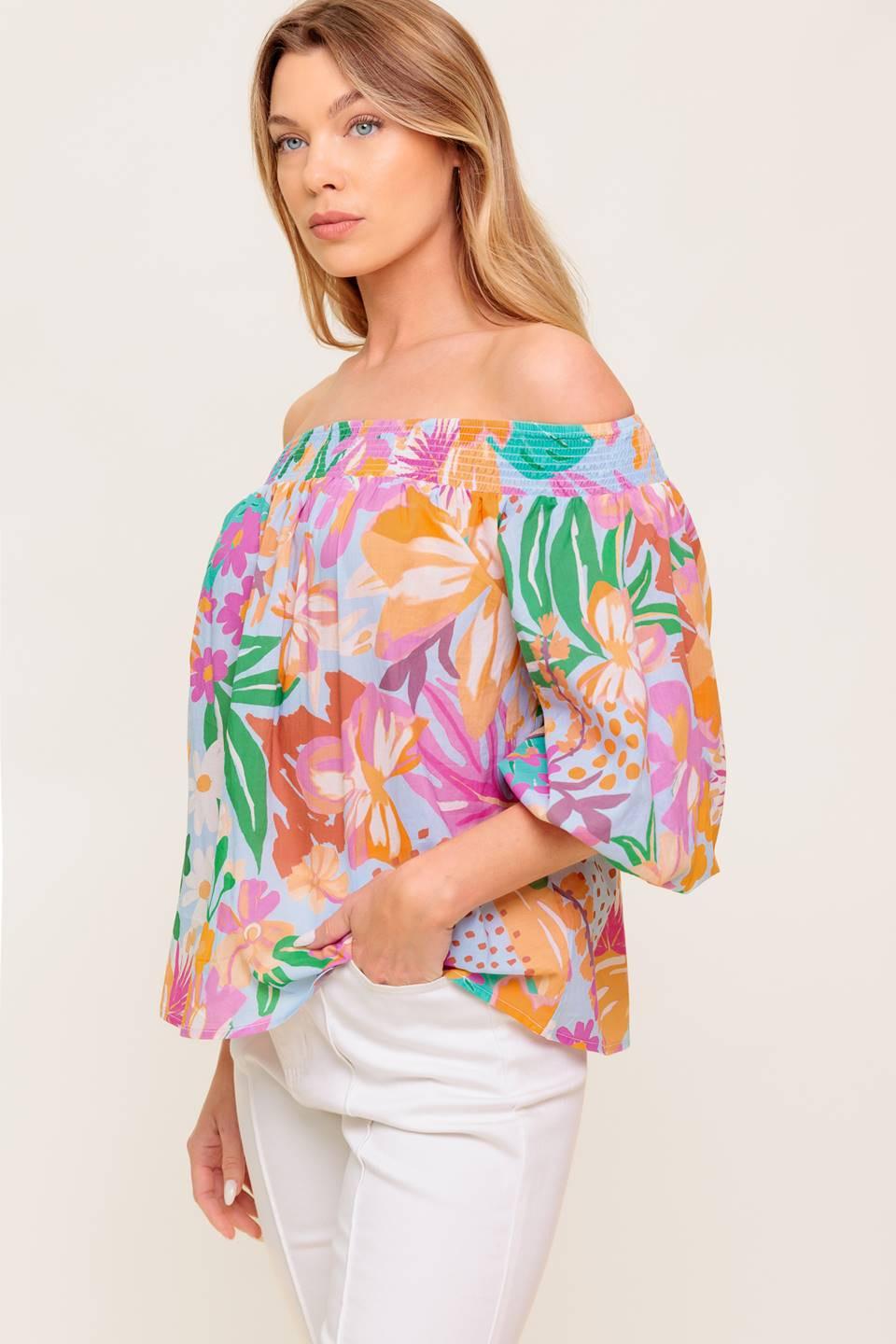 Precious Moment Woven Top in dusty blue orange, view 2 — Soul Flow Apparel