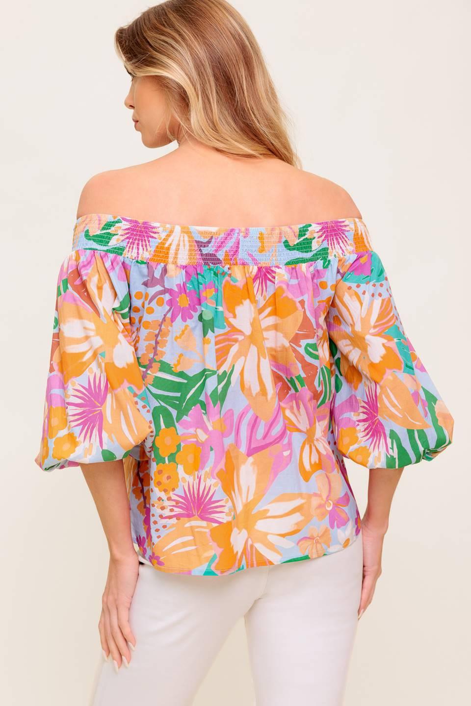 Precious Moment Woven Top in dusty blue orange, view 3 — Soul Flow Apparel