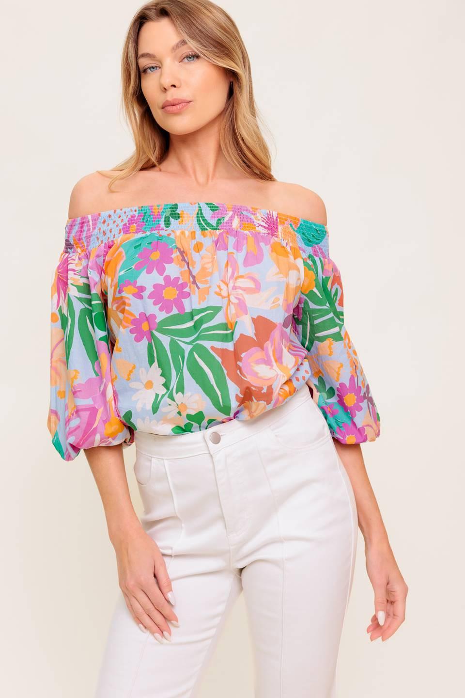 Precious Moment Woven Top in dusty blue orange, view 6 — Soul Flow Apparel