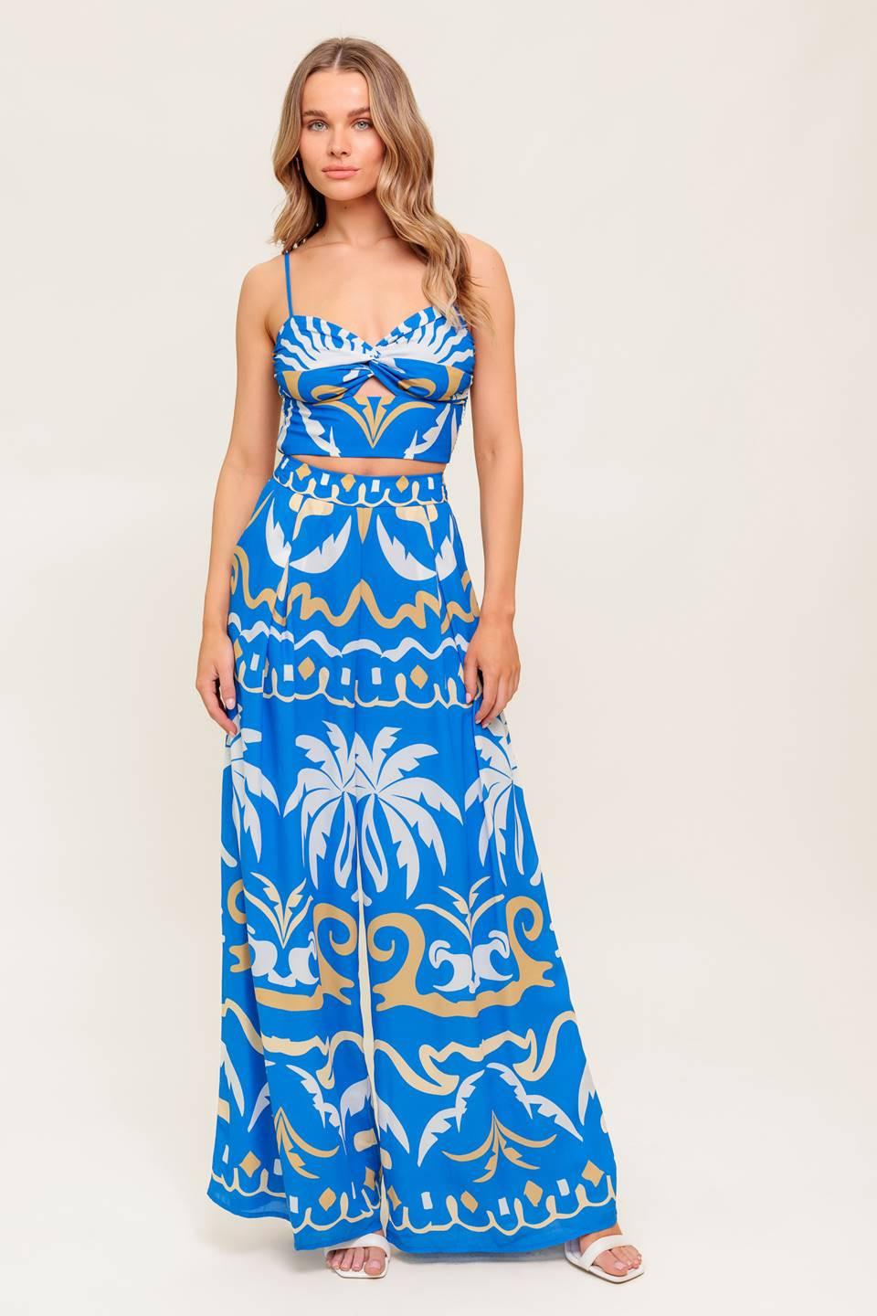 Evening Blue Woven Crop Top and Pant Set, view 1 — Soul Flow Apparel
