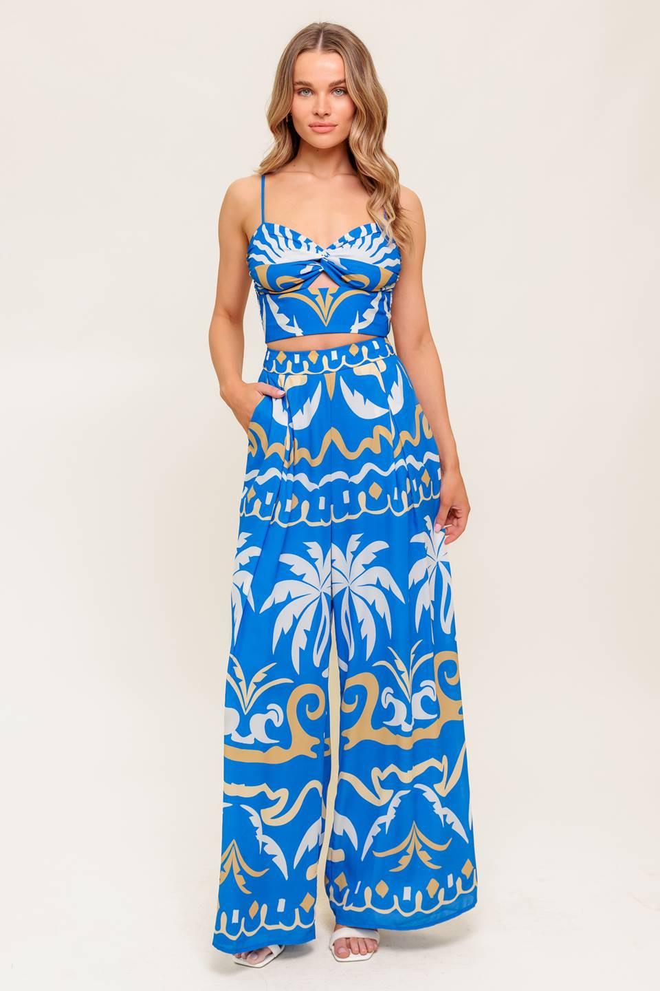 Evening Blue Woven Crop Top and Pant Set, view 3 — Soul Flow Apparel