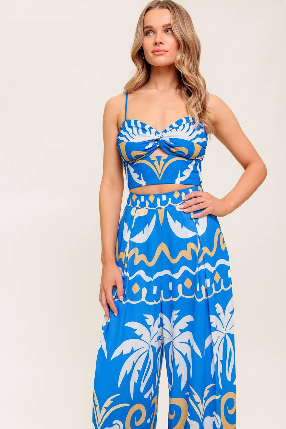Evening Blue Woven Crop Top and Pant Set, view 5 — Soul Flow Apparel