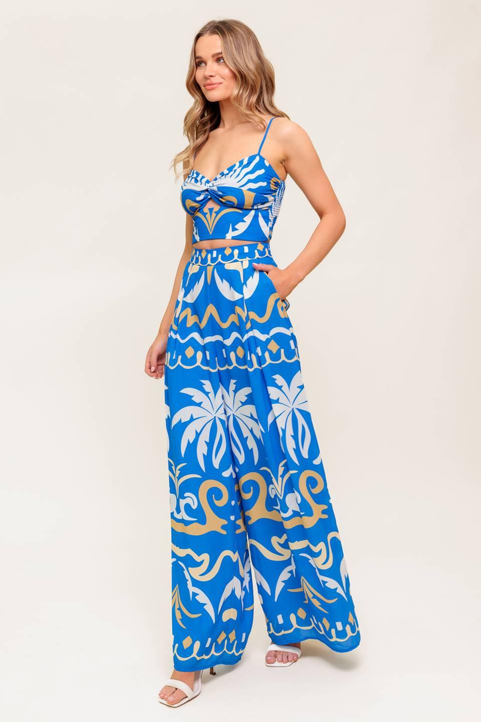 Evening Blue Woven Crop Top and Pant Set, view 6 — Soul Flow Apparel