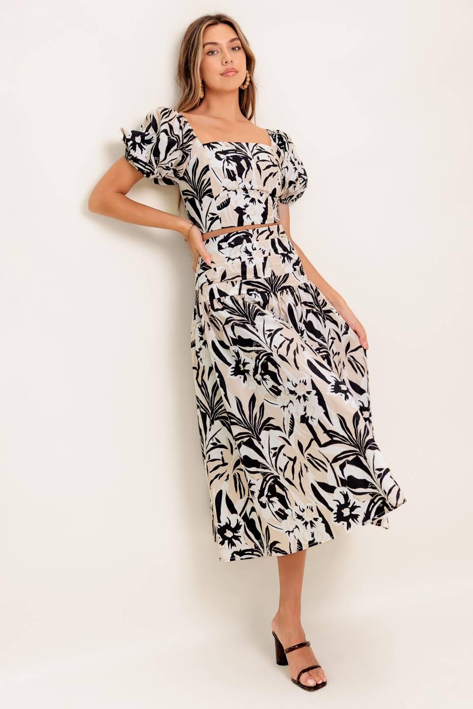 Neutral Zone Woven Top and Skirt Set in taupe black, view 1 — Soul Flow Apparel