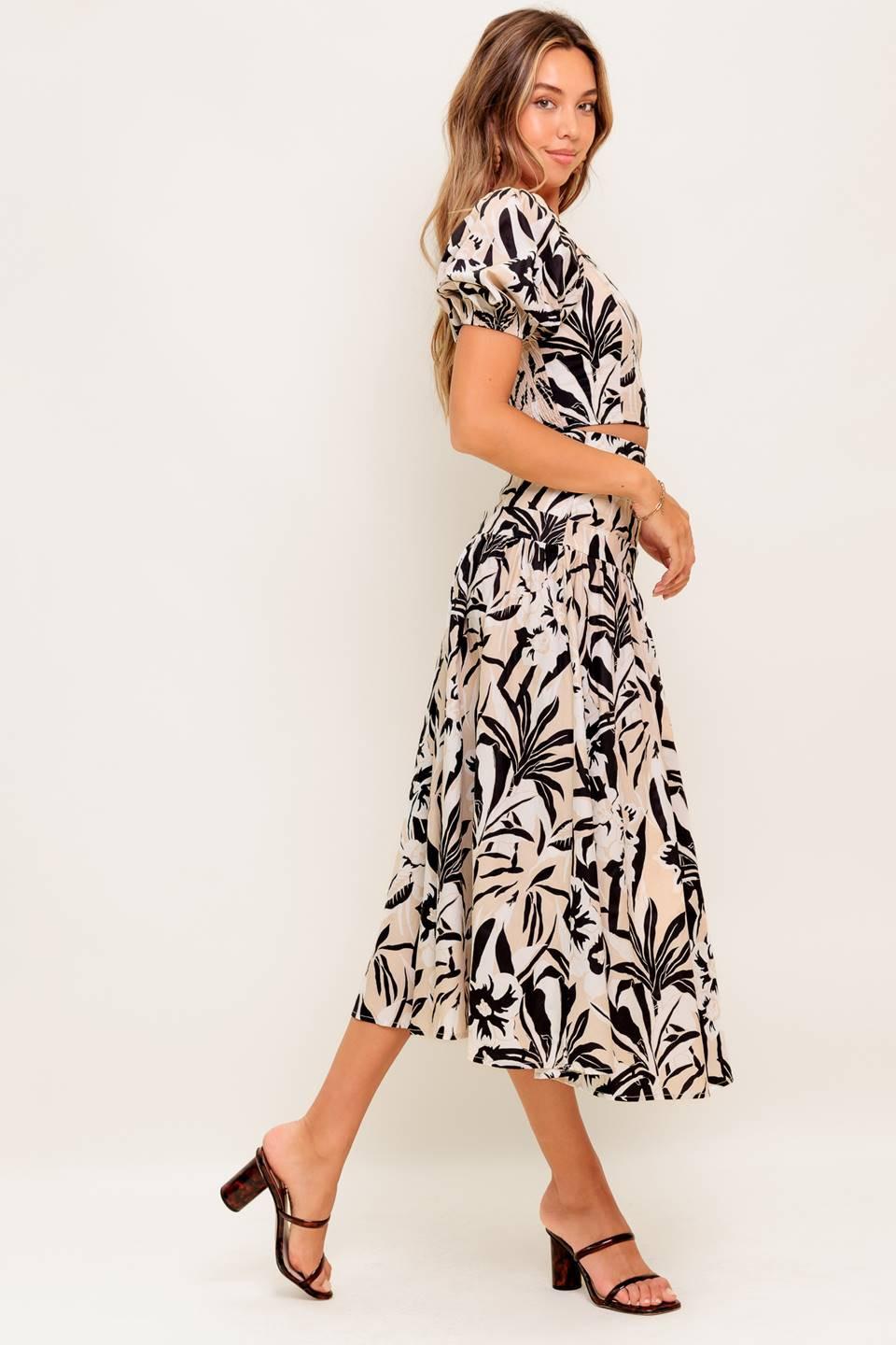 Neutral Zone Woven Top and Skirt Set in taupe black, view 3 — Soul Flow Apparel