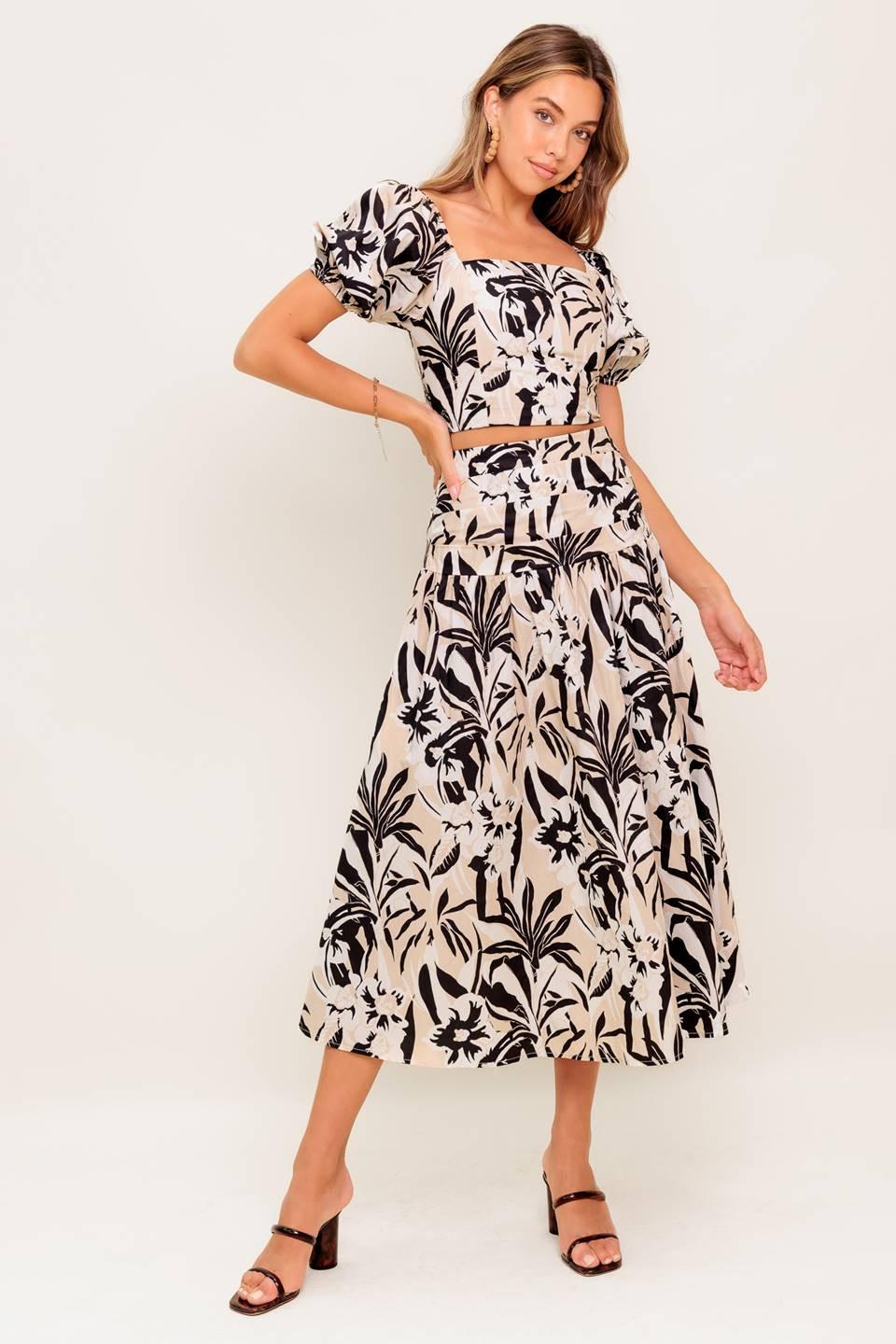 Neutral Zone Woven Top and Skirt Set in taupe black, view 5 — Soul Flow Apparel