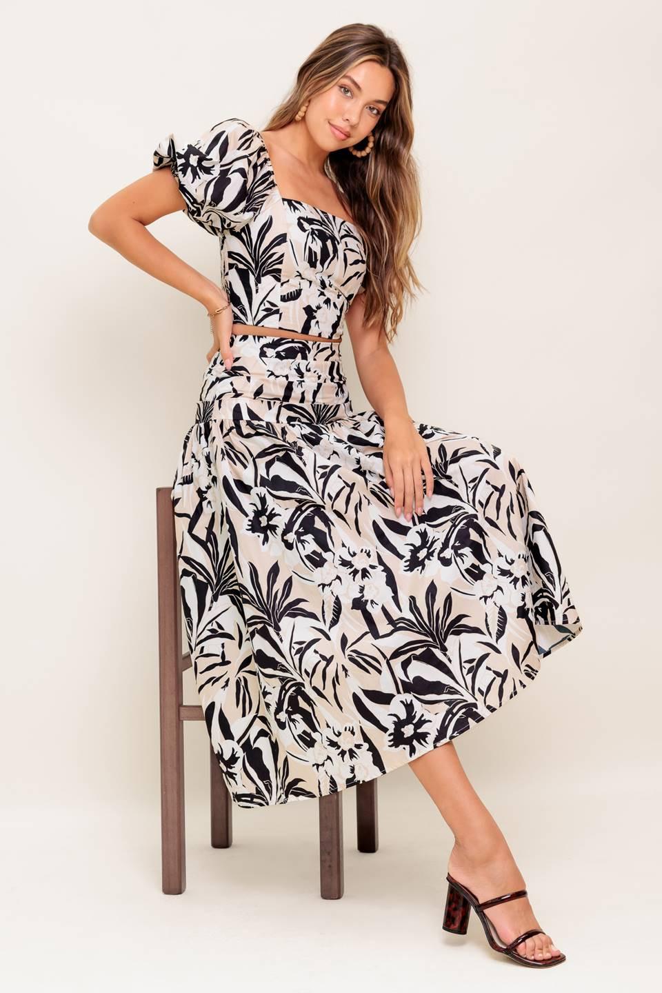 Neutral Zone Woven Top and Skirt Set in taupe black, view 6 — Soul Flow Apparel