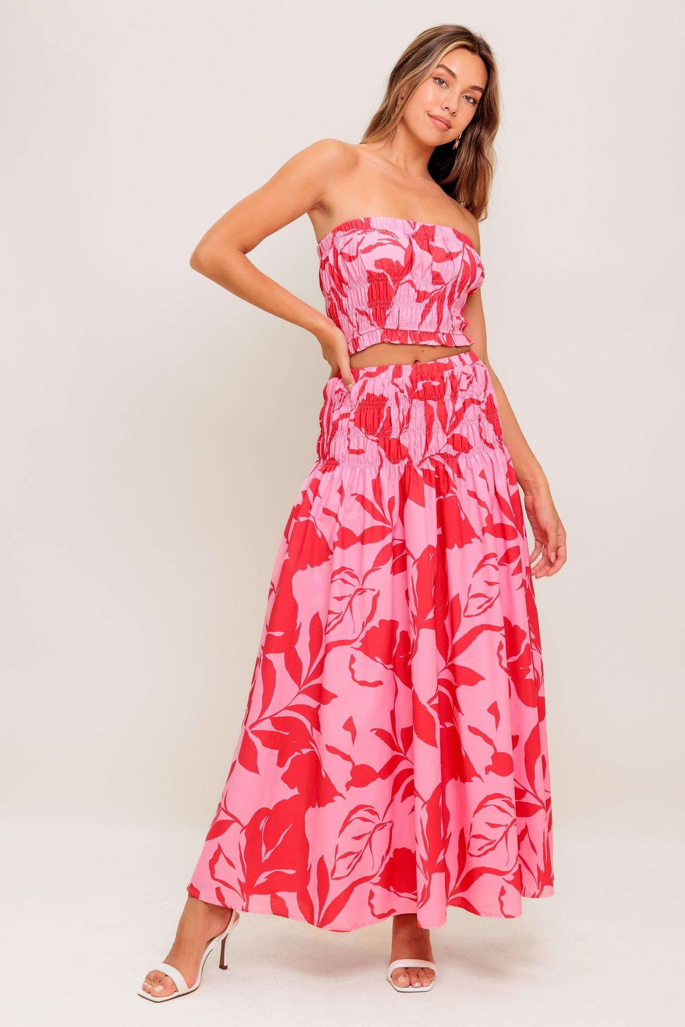Anything I Want Woven Top and Skirt Set in pink red, view 1 — Soul Flow Apparel