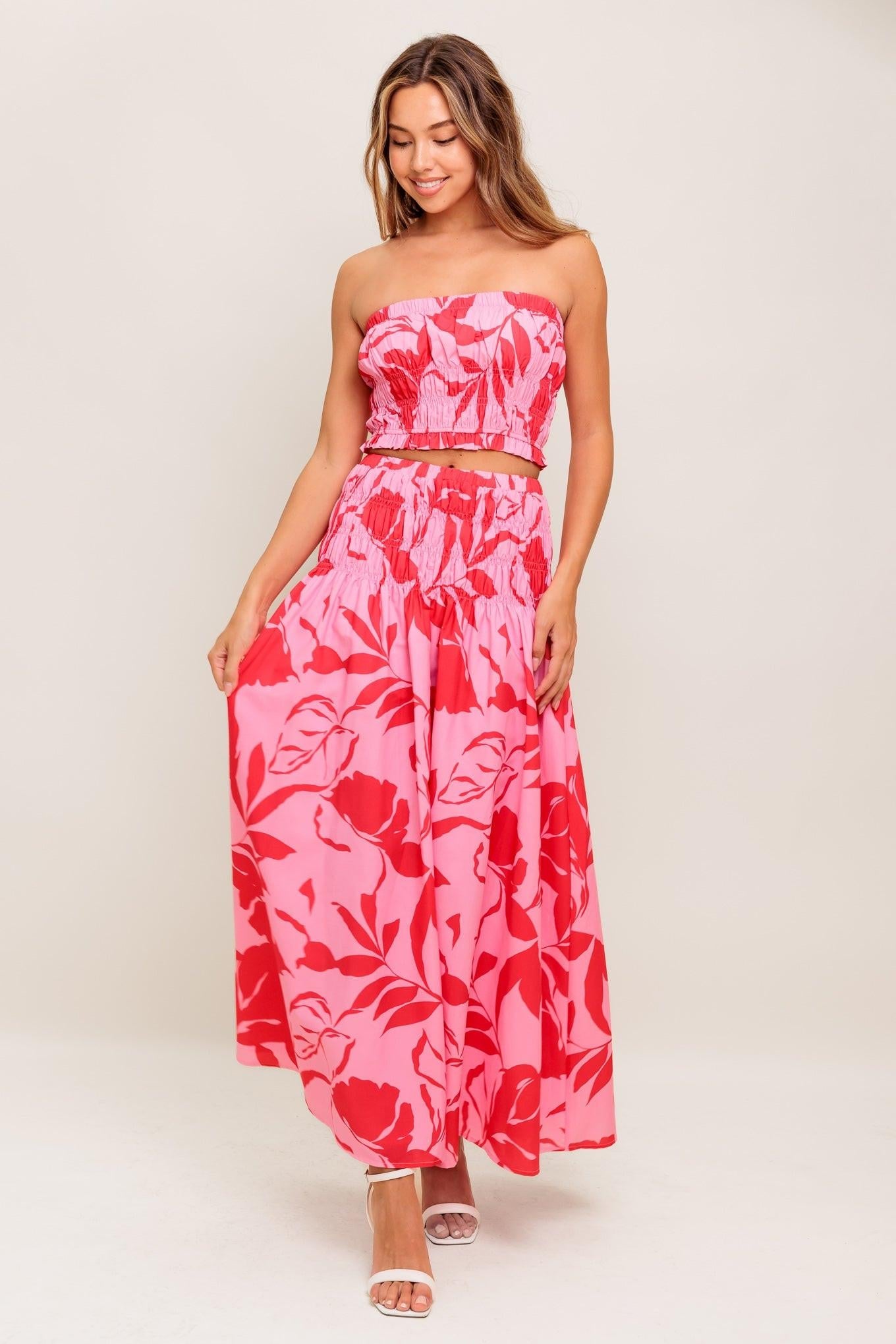 Anything I Want Woven Top and Skirt Set in pink red, view 2 — Soul Flow Apparel