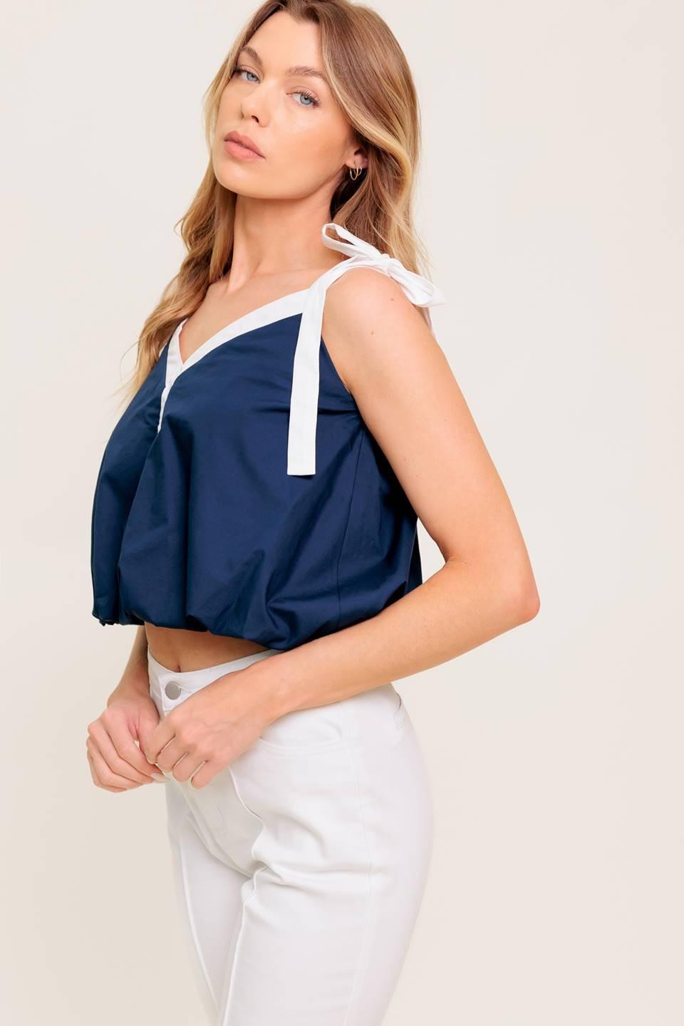 Scent of Spring Woven Top in navy white, view 4 — Soul Flow Apparel