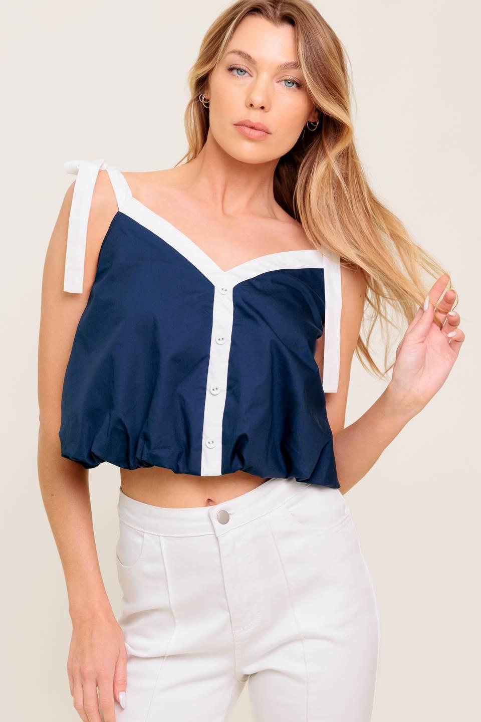 Scent of Spring Woven Top in navy white, view 5 — Soul Flow Apparel