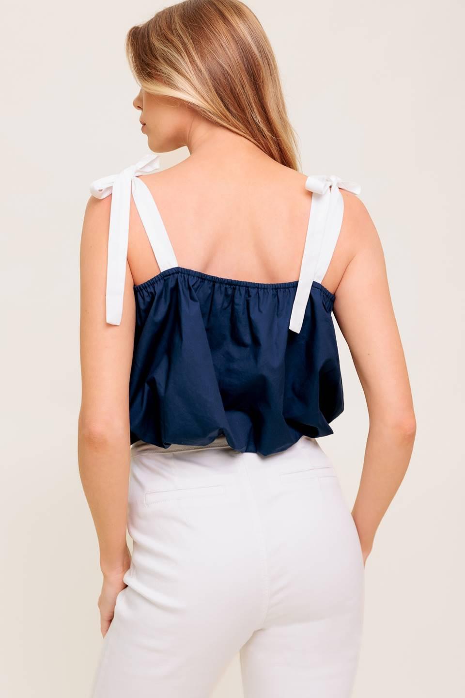 Scent of Spring Woven Top in navy white, view 6 — Soul Flow Apparel