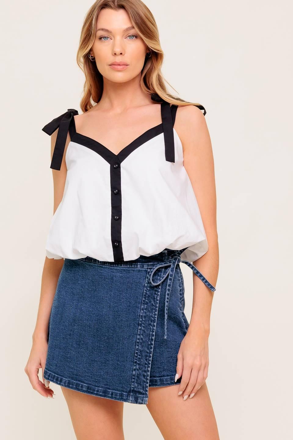 Scent of Spring Woven Top in off-white black, view 1 — Soul Flow Apparel