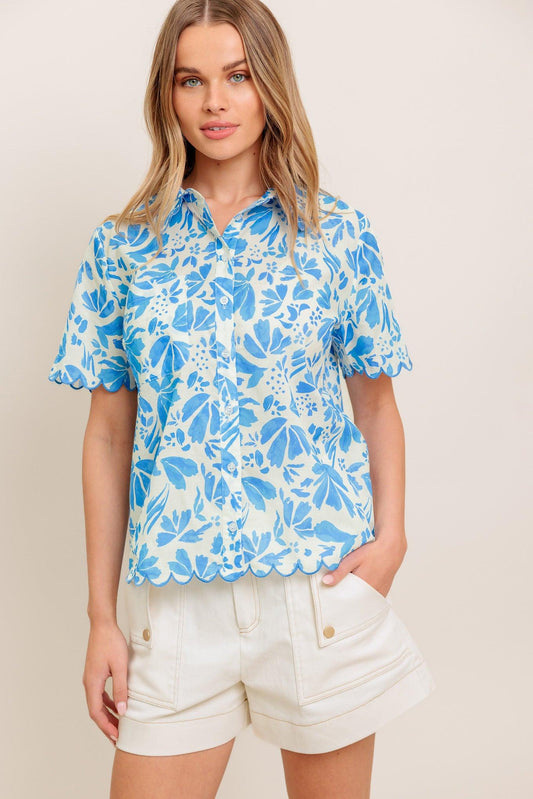 Wander Leaf Woven Top in ivory blue, view 1 — Soul Flow Apparel
