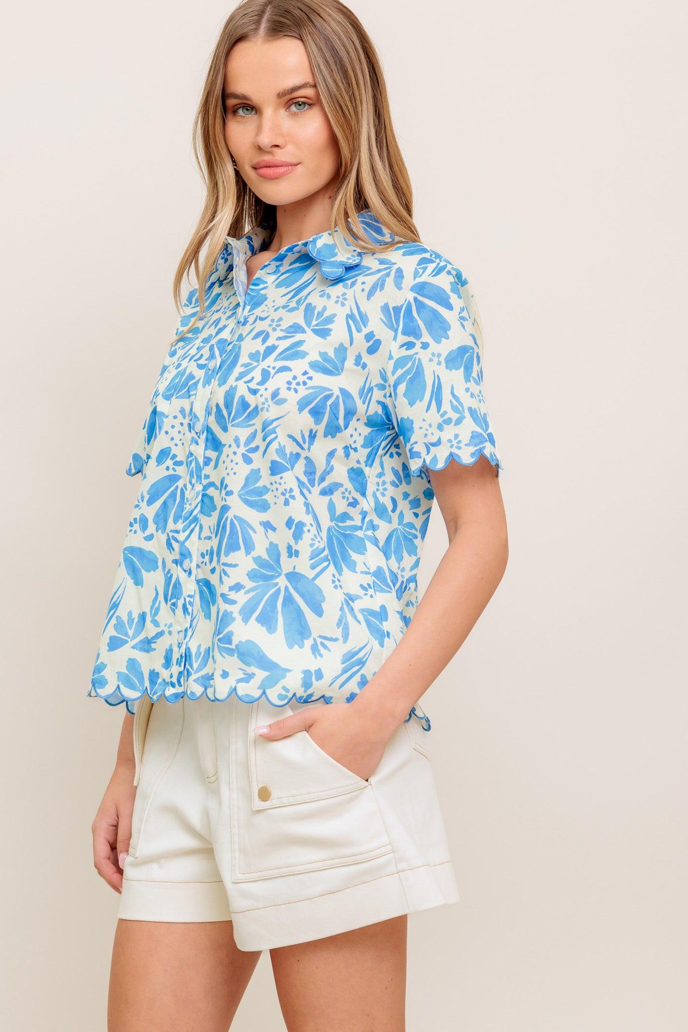 Wander Leaf Woven Top in ivory blue, view 3 — Soul Flow Apparel