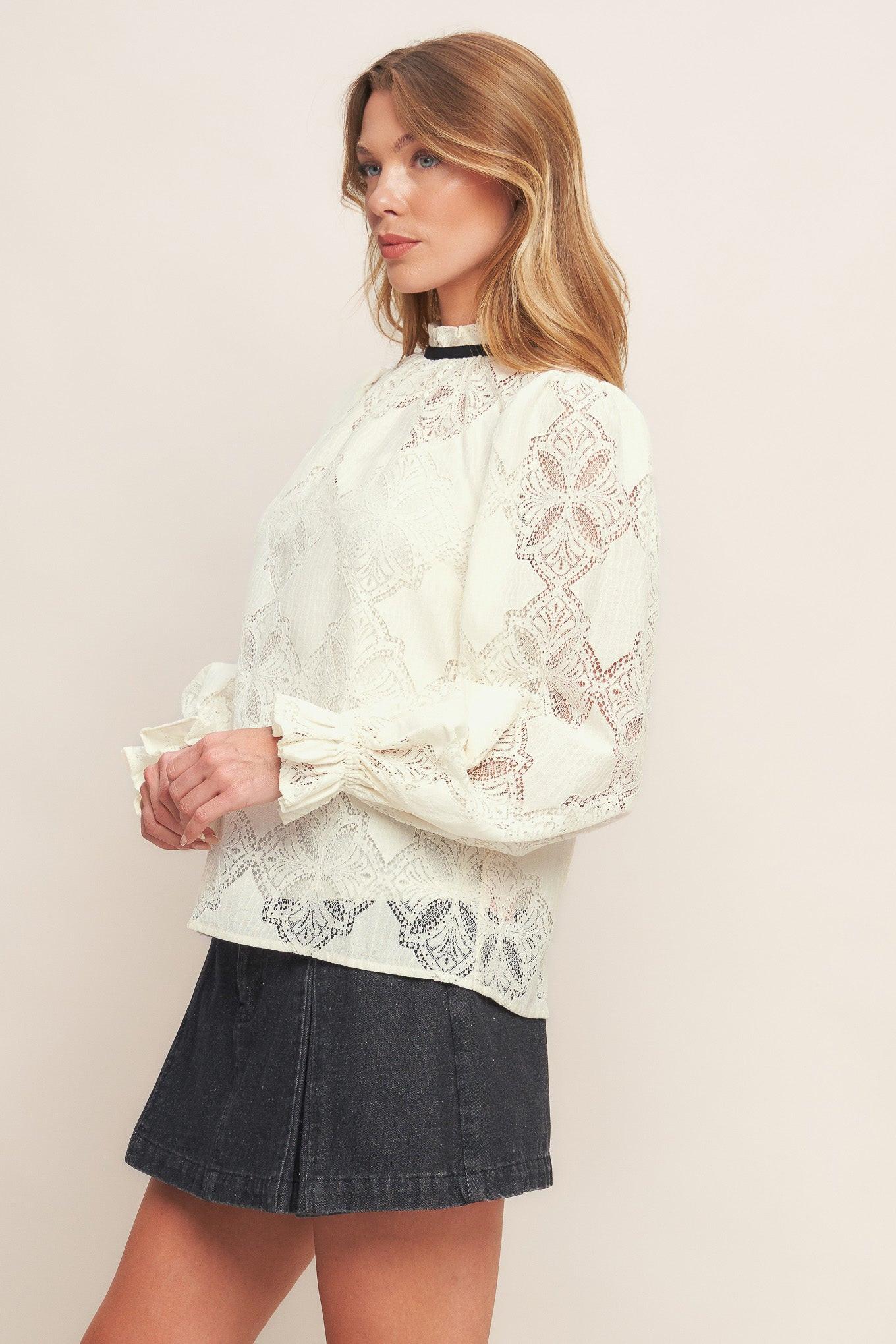 Precious Look Ivory Woven Lace Top, view 2 — Soul Flow Apparel