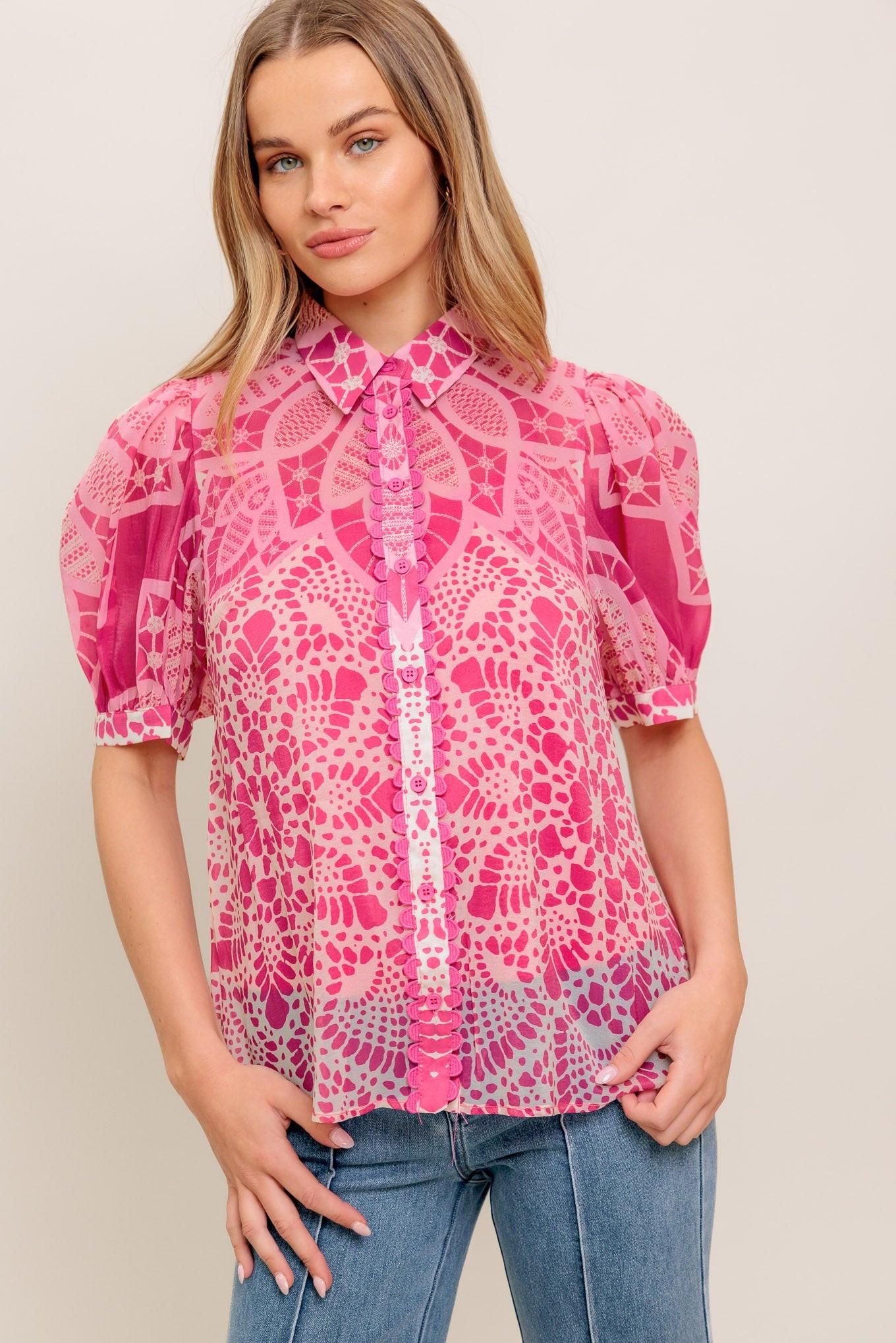 Precious Heart Woven Top in ivory fuchsia, view 2 — Soul Flow Apparel