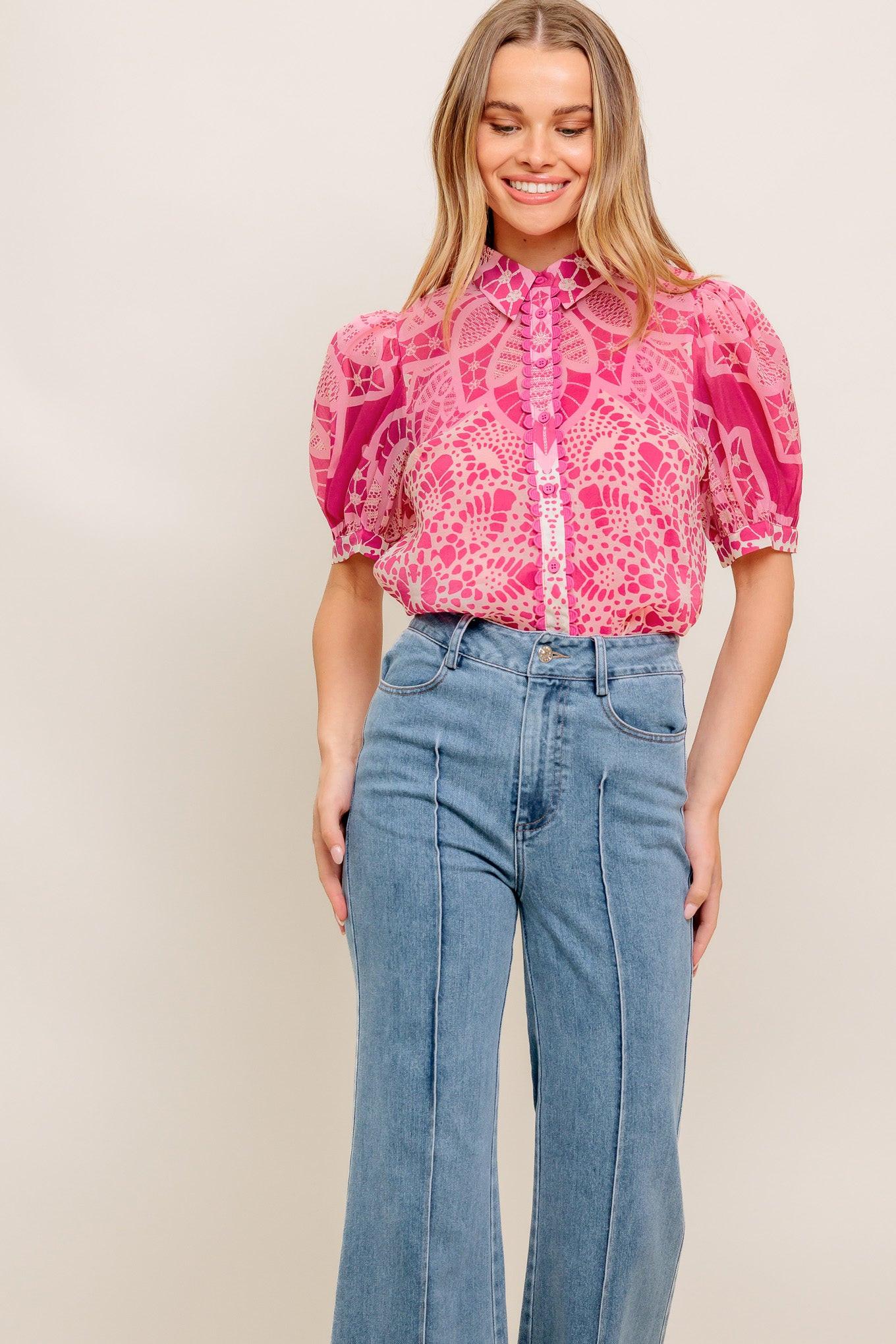 Precious Heart Woven Top in ivory fuchsia, view 5 — Soul Flow Apparel