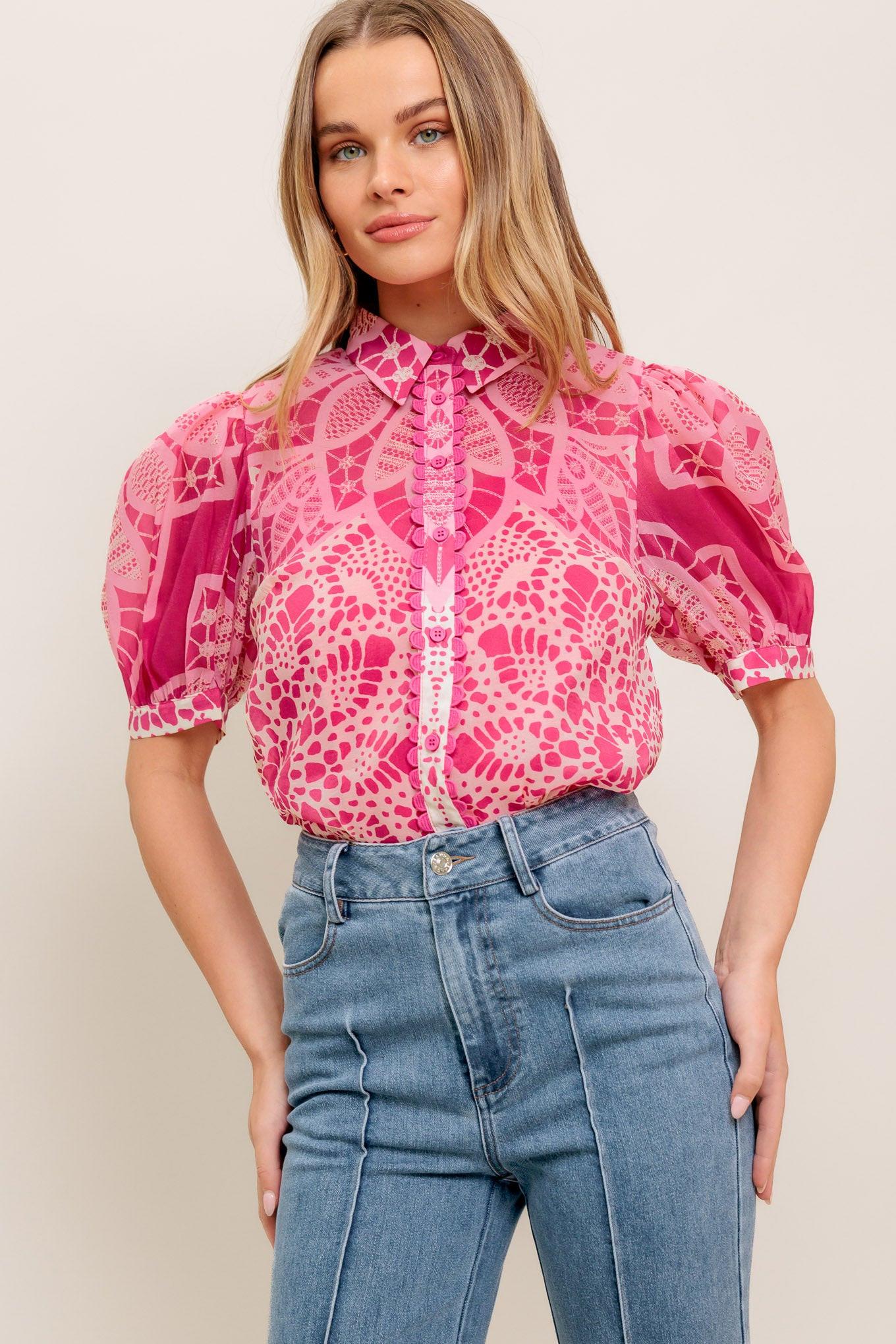 Precious Heart Woven Top in ivory fuchsia, view 6 — Soul Flow Apparel