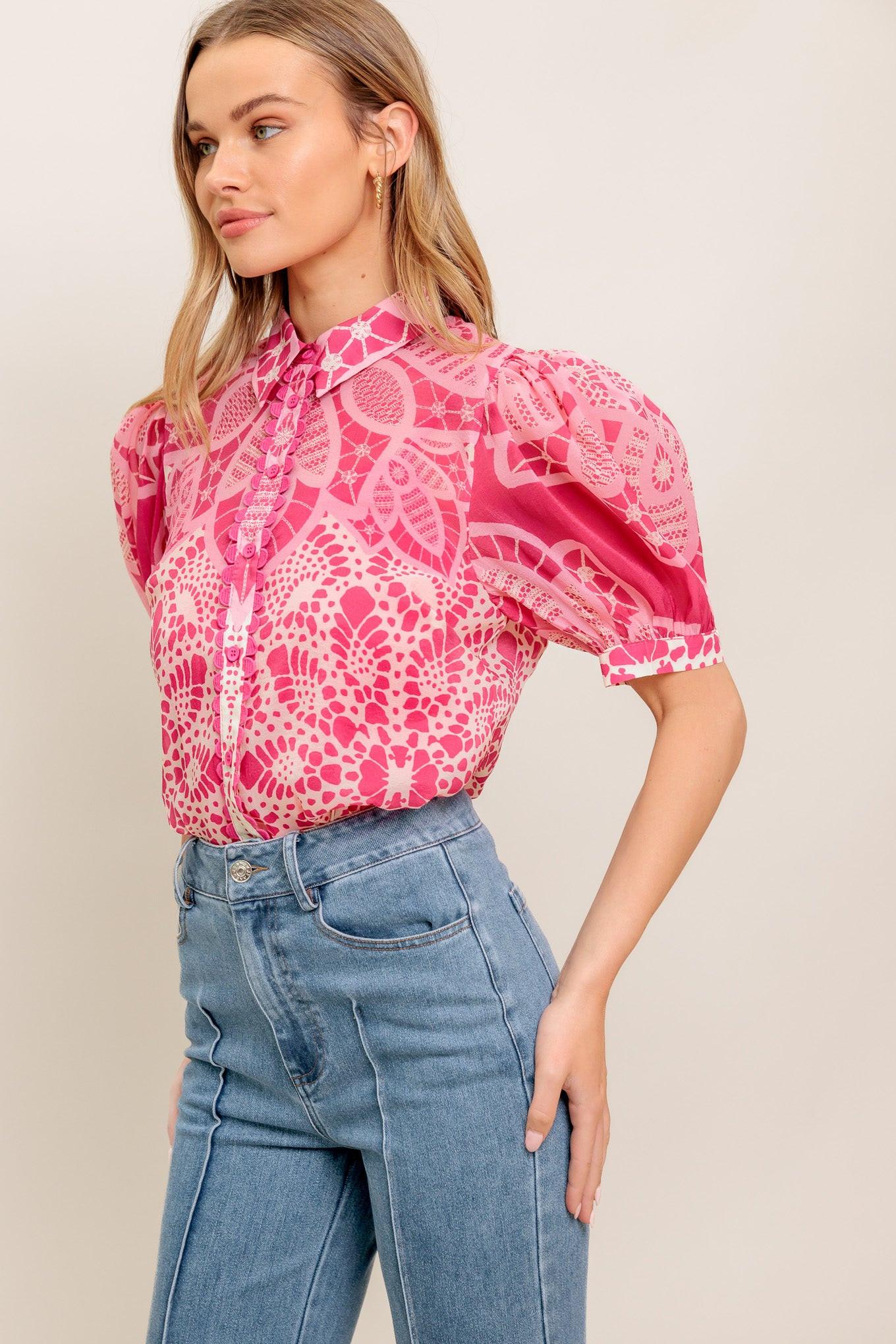 Precious Heart Woven Top in ivory fuchsia, view 7 — Soul Flow Apparel