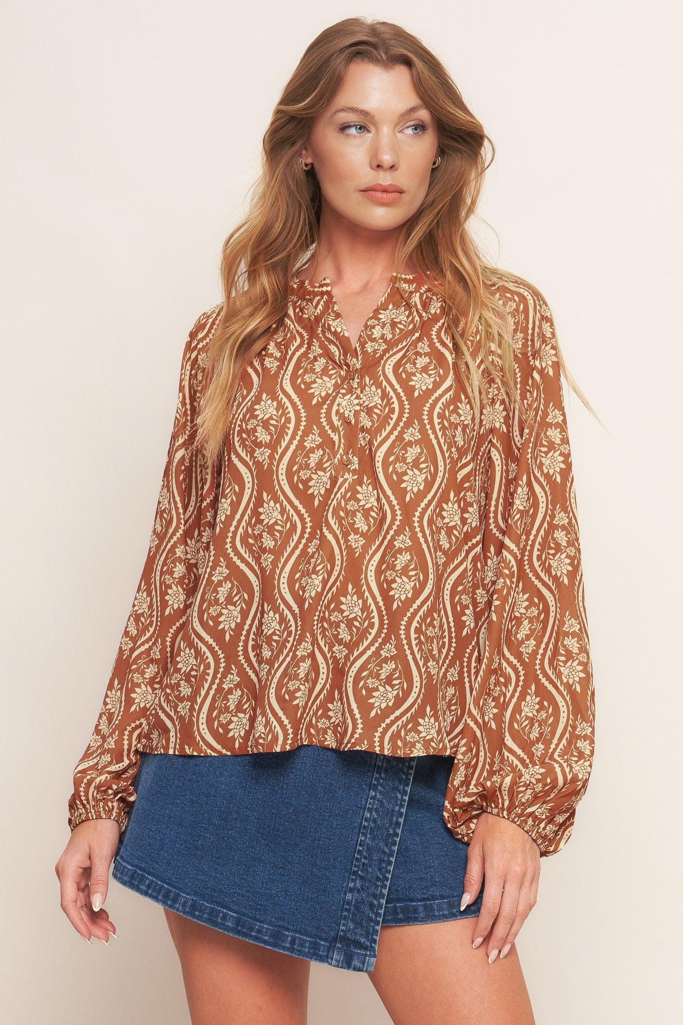 Angelic Sweetie Brown Woven Top in peach, view 1 — Soul Flow Apparel