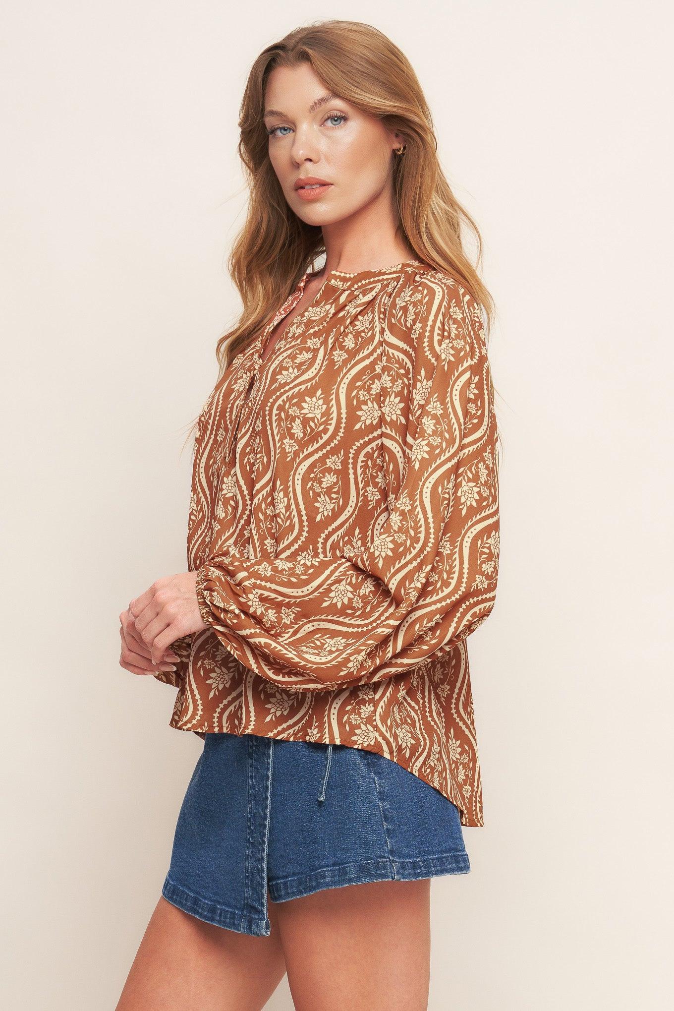 Angelic Sweetie Brown Woven Top in peach, view 3 — Soul Flow Apparel