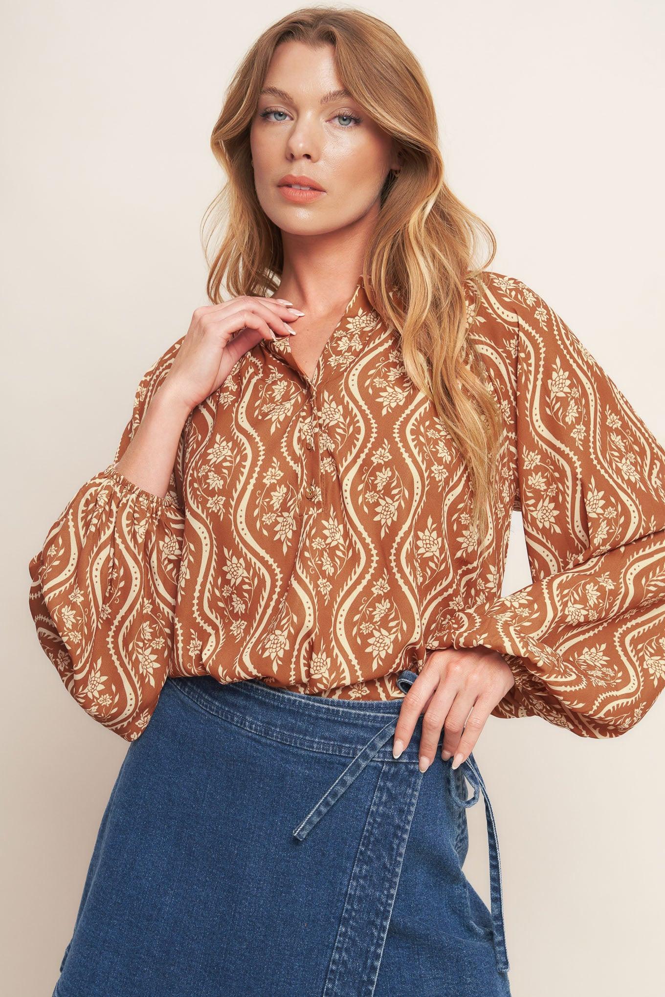 Angelic Sweetie Brown Woven Top in peach, view 6 — Soul Flow Apparel