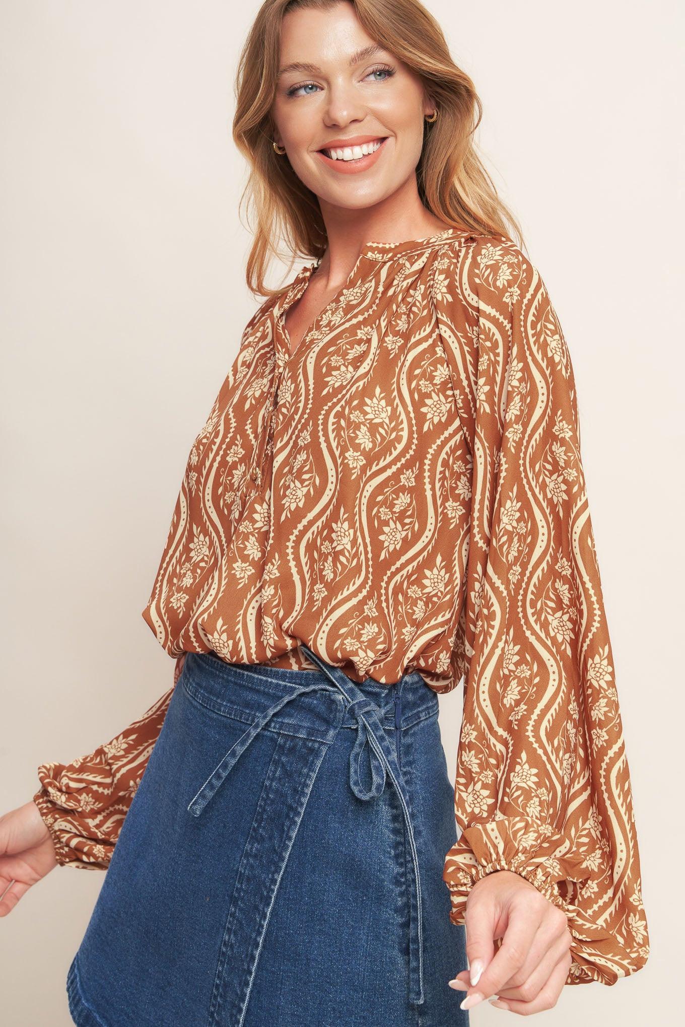 Angelic Sweetie Brown Woven Top in peach, view 8 — Soul Flow Apparel