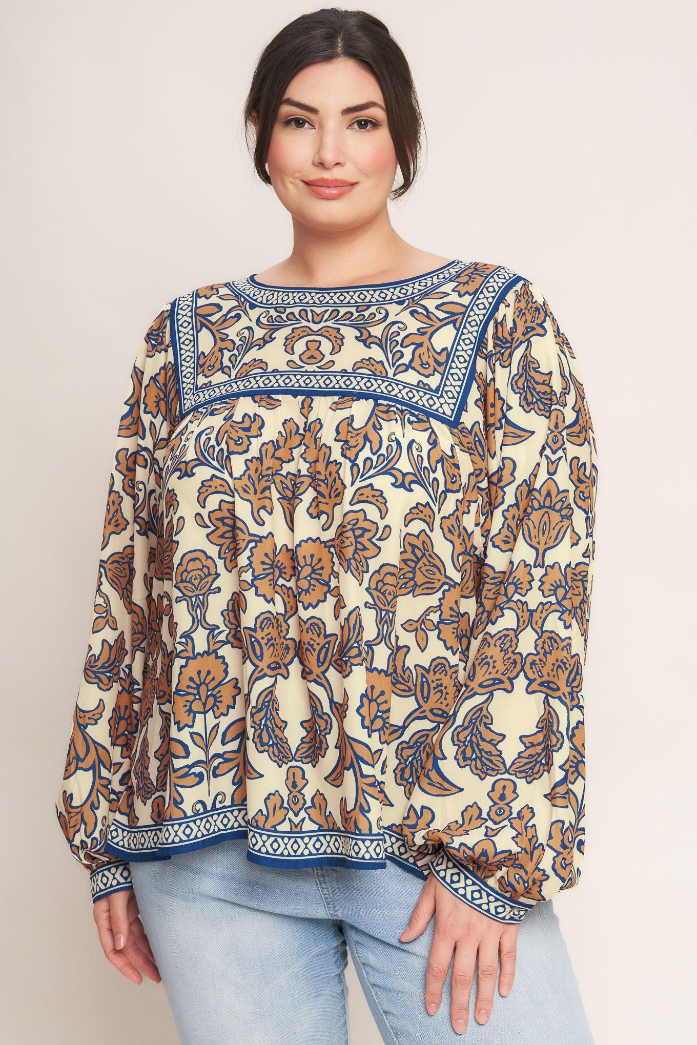 Boheme Meadow Woven Top in cream navy, view 2 — Soul Flow Apparel